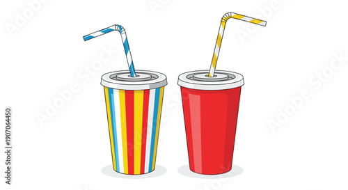 Pair of takeaway soda cups one with colorful stripes and one solid red both featuring lids and striped straws drinks.