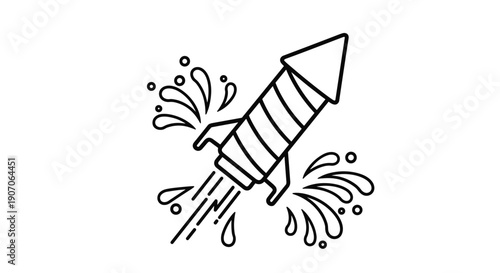 Simple black line art illustration of a rocket firework launching with sparks and motion lines on white background.