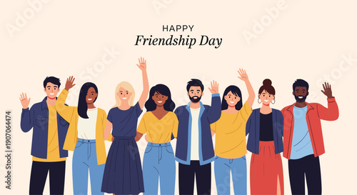 Diverse group of young men and women standing together and waving happily for Friendship Day celebration illustration.