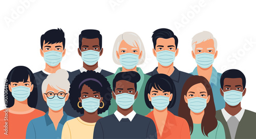 Large diverse group of men and women of different ages and ethnicities wearing medical face masks for protection.