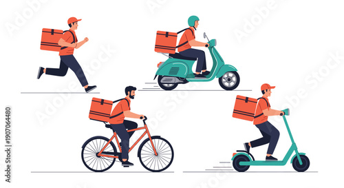 Set of food delivery couriers using various transportation methods including running bicycling motor scooter and more.