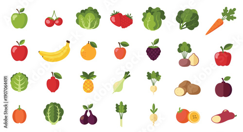 Comprehensive collection of flat style icons representing a wide variety of healthy fruits and fresh vegetables set.