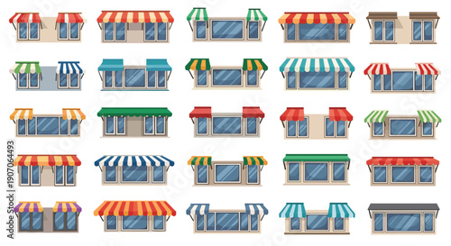 Large set of shop and store awnings in different colors patterns and styles for storefront design and architecture.