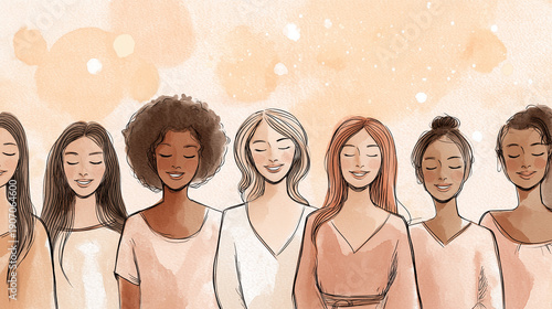 watercolor painting of a diverse group of women, wide horizontal composition, five women in a row close together, mid-torso crop, friendly relaxed smiles, eyes gently closed on one