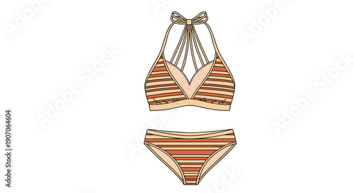 Stylish two piece bikini swimsuit featuring earthy orange and brown horizontal stripes with halter neck design for summer.