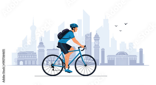 Male cyclist wearing a helmet and backpack riding a blue road bike on a city street with a faint skyline background view.