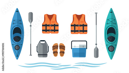 Kayaking essentials and gear in modern flat design for outdoor adventures