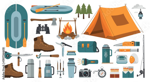 Large assortment of camping and outdoor survival gear including a tent boat fire tools and various travel accessories.