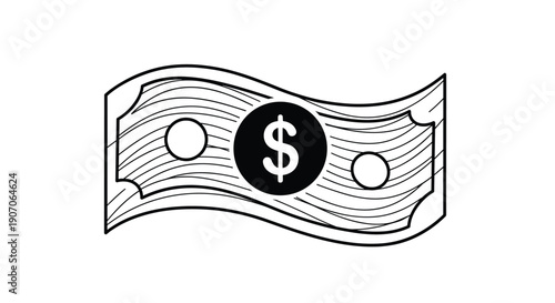Stylized black and white outline of a waving one dollar bill with fine textured lines and a central currency symbol.