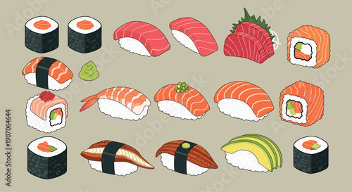 Variety of Japanese sushi types including nigiri, maki, and rolls with salmon, tuna, shrimp, and avocado.