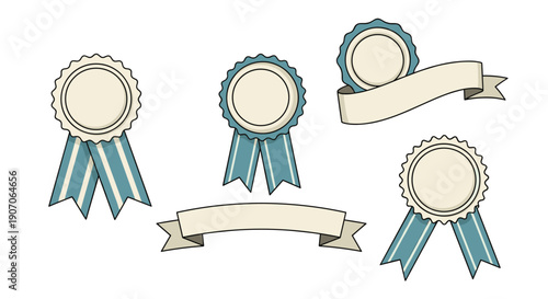 Elegant set of award ribbons and badges in blue and cream colors with vintage circular designs and banners.