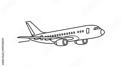 Simple black and white line drawing of a passenger airplane flying through the air with its engines visible.