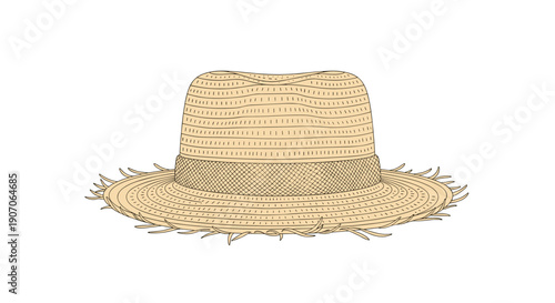 Hand drawn illustration of a classic straw hat with a frayed brim and a ribbon band for sun protection.