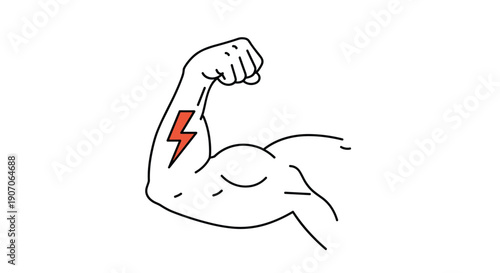 Strong muscular arm flexed showing a bicep with a red lightning bolt icon symbolizing power and energy.