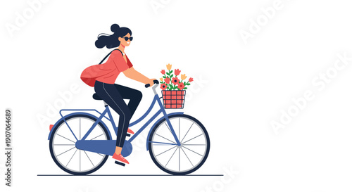 Happy young woman riding a bicycle with a basket full of colorful flowers on a sunny day for leisure.