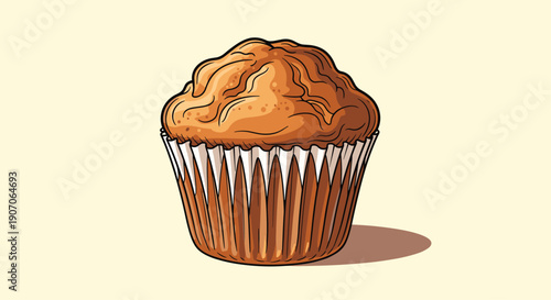 Freshly baked golden brown muffin in a white pleated paper liner casting a soft shadow on a light background.
