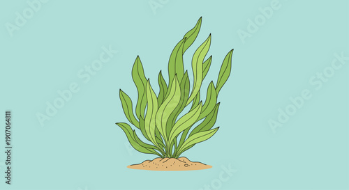 Tall green seaweed or water grass growing from a sandy mound on a light blue background for marine decor.