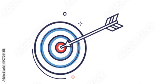 Archery target with a blue and red bullseye and an arrow hitting exactly in the center for success.
