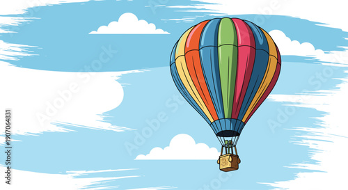Colorful striped hot air balloon flying high in the blue sky above soft white clouds for adventure travel.