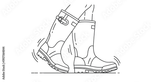 Minimalist line art illustration of a person walking in tall waterproof rubber boots suitable for rainy weather and gardening.