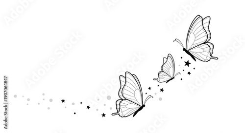 Elegant hand-drawn line art of three butterflies flying in a graceful arc accompanied by whimsical stars and dots.