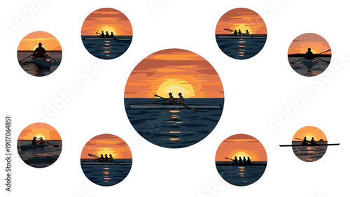 Rowing silhouettes at sunset: stunning circular designs with reflective water