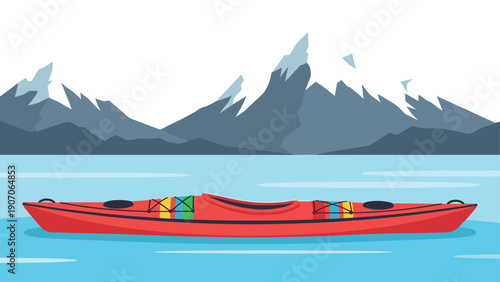 Colorful kayak on serene lake with majestic snow-capped mountains in the background