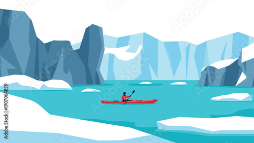 Kayaker paddling amidst majestic polar icebergs in remote arctic scene