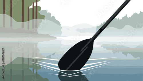 Tranquil lake landscape with paddle in motion and misty forest reflections