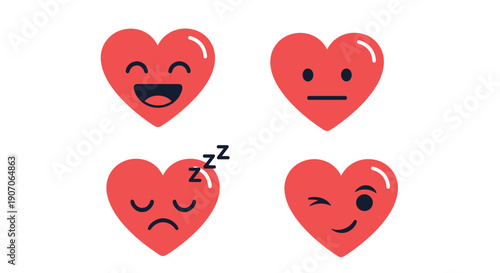 Set of four red heart-shaped emoticons expressing joy, neutrality, sadness with sleepiness, and a playful winking smile.
