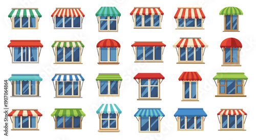 Comprehensive collection of various building window styles decorated with colorful striped and solid awnings for architectural design.