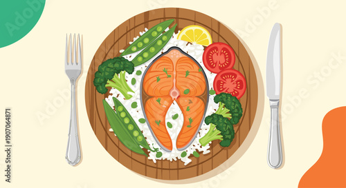 Colorful flat illustration of a healthy balanced meal featuring a grilled salmon steak served with rice, broccoli, peas, and tomatoes.
