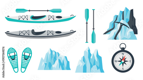 Adventure gear collection: kayaks, mountains, and navigation tools for outdoor exploration