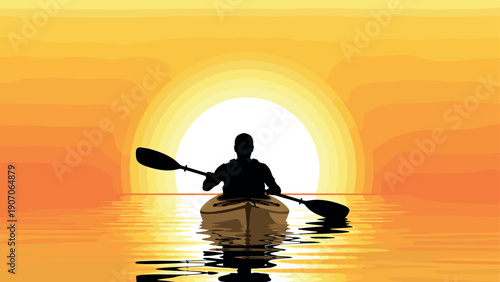 Dramatic silhouette of kayaker paddling at sunset over calm waters