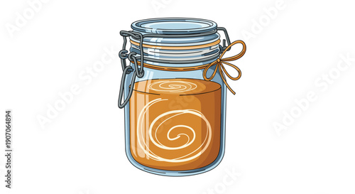 Hand-drawn illustration of a vintage glass clip-top jar filled with honey or fruit preserve and tied with a simple string bow.