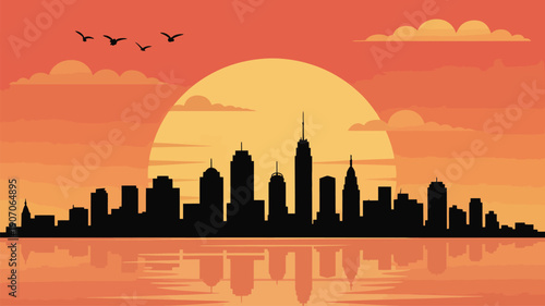 City skyline silhouette reflected in water at sunset Keywords: city, skyline, silhouette, sunset