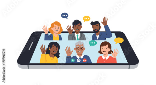 Modern illustration of six diverse people participating in a friendly video conference call on a large smartphone screen.