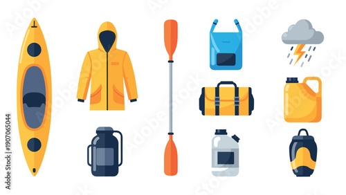 Kayaking gear set: modern equipment icons for outdoor adventures