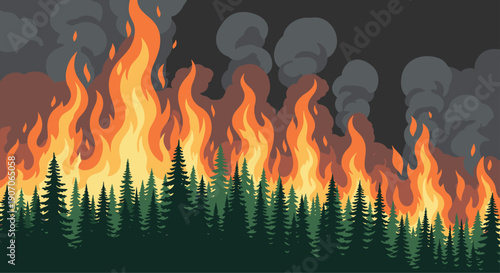 Dramatic flat illustration of a massive forest fire with roaring orange flames and thick gray smoke rising above the trees.