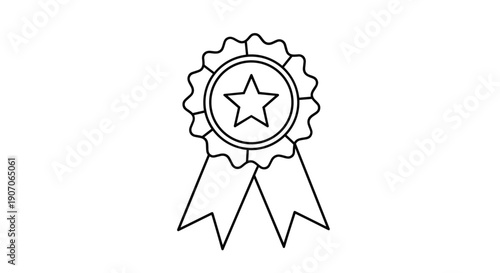 Simple black line art illustration of a classic award rosette ribbon featuring a central star for recognition and success.