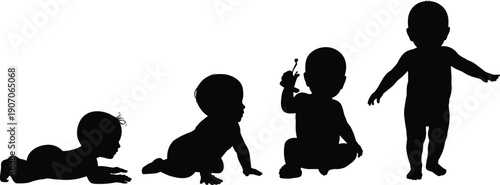Silhouettes of a baby's development stages from crawling to standing infant child
