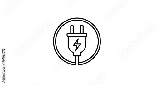 Simple black line art icon of an electric power plug with a lightning bolt symbol inside a thin circular frame.