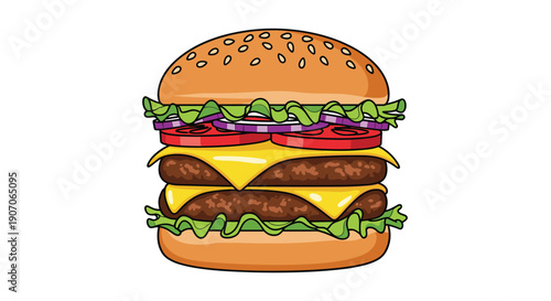 Delicious double cheeseburger with sesame seed bun, fresh lettuce, tomato slices, red onions, and melting cheese layers, shown in a detailed illustration.