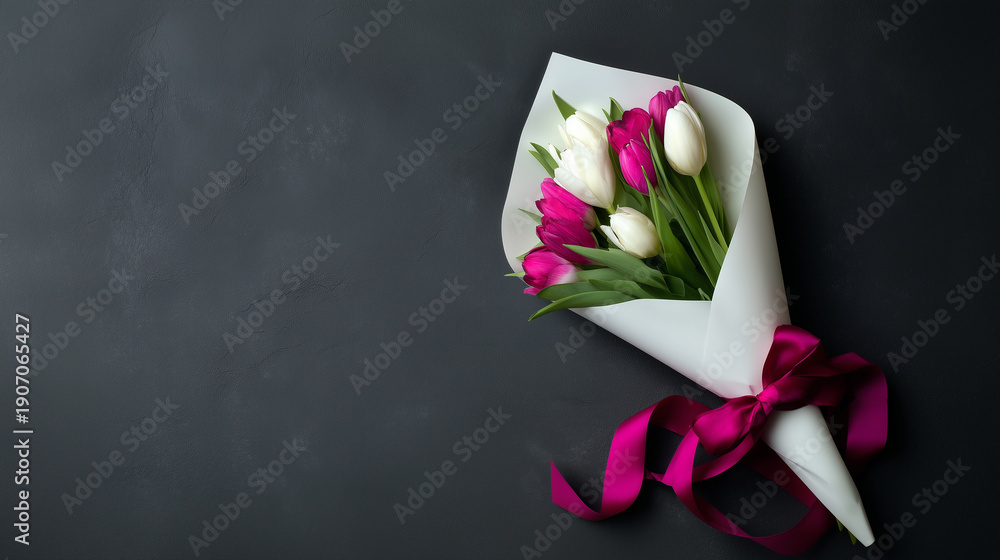 Fototapeta premium Bouquet of pink tulips wrapped in paper with ribbon on dark background, spring flowers, floral gift, romantic surprise, Women’s Day celebration, elegant holiday greeting, copy space