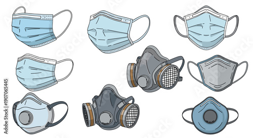 Assorted collection of protective face masks including blue surgical masks and heavy duty respirators for health and industrial safety.