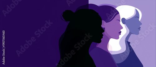 Flat minimal vector banner, ultra-wide horizontal. Background: solid lavender/violet. Across the center place five overlapping female head-and-neck silhouettes in profile with clea