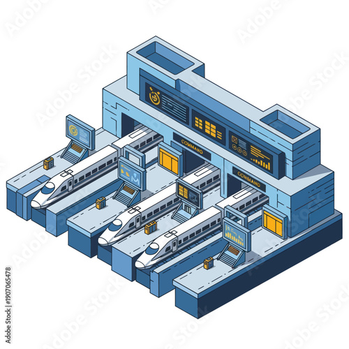Isometric Illustration of Train Station with Trains.