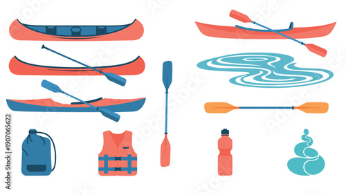Canoe and kayak equipment set: paddles, life jackets, water bottles and more