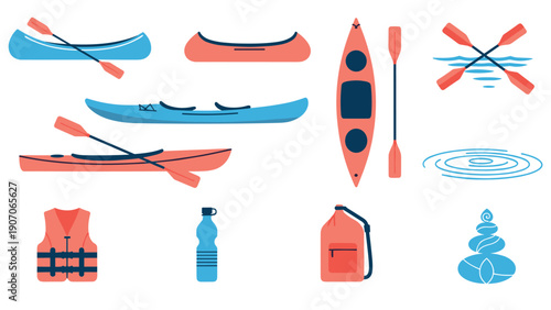 Colorful kayaks and accessories with minimal flat style for outdoor and water adventure enthusiasts