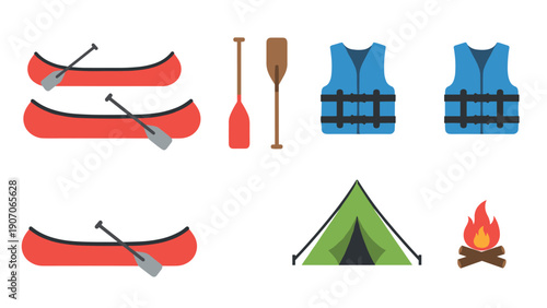 Outdoor adventure equipment with canoes, paddles, life jackets, tent, and campfire